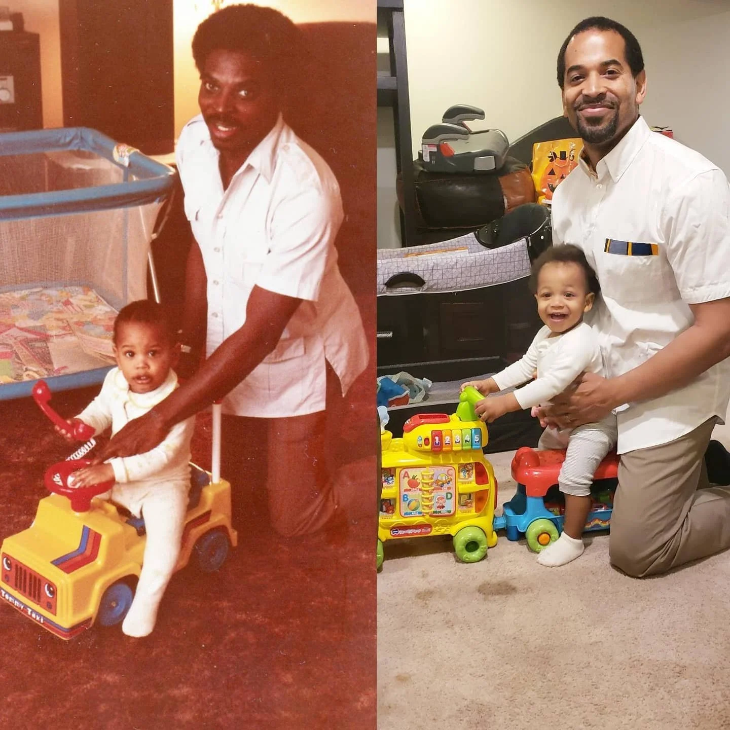 El padre de Will, Olayinka Jawando, junto al joven Will, y Will adulto con su hijo