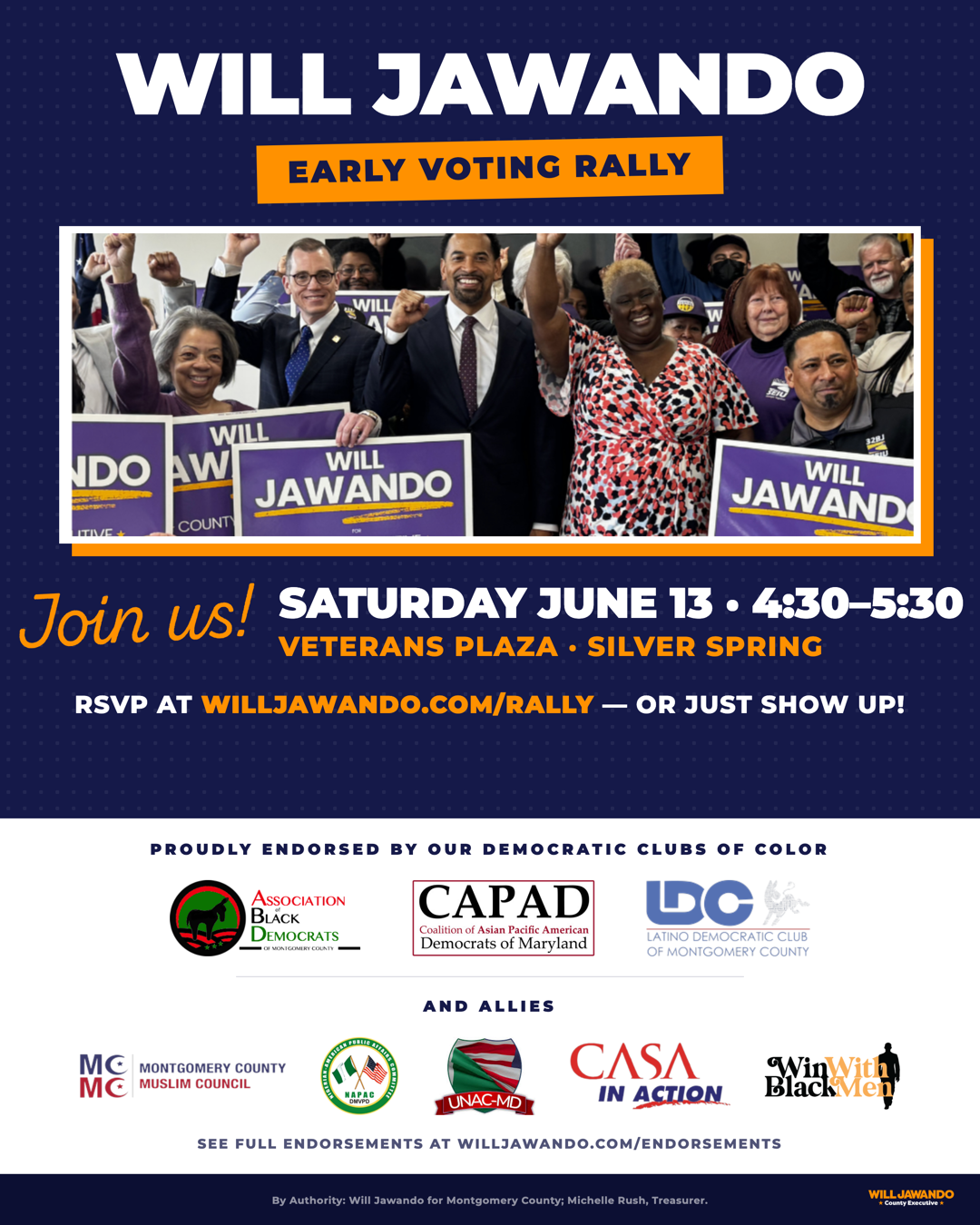 Will Jawando Early Voting Rally — Saturday June 13, 4:30–5:30 PM, Veterans Plaza, Silver Spring. Endorsed by the Democratic Clubs of Color and allies.