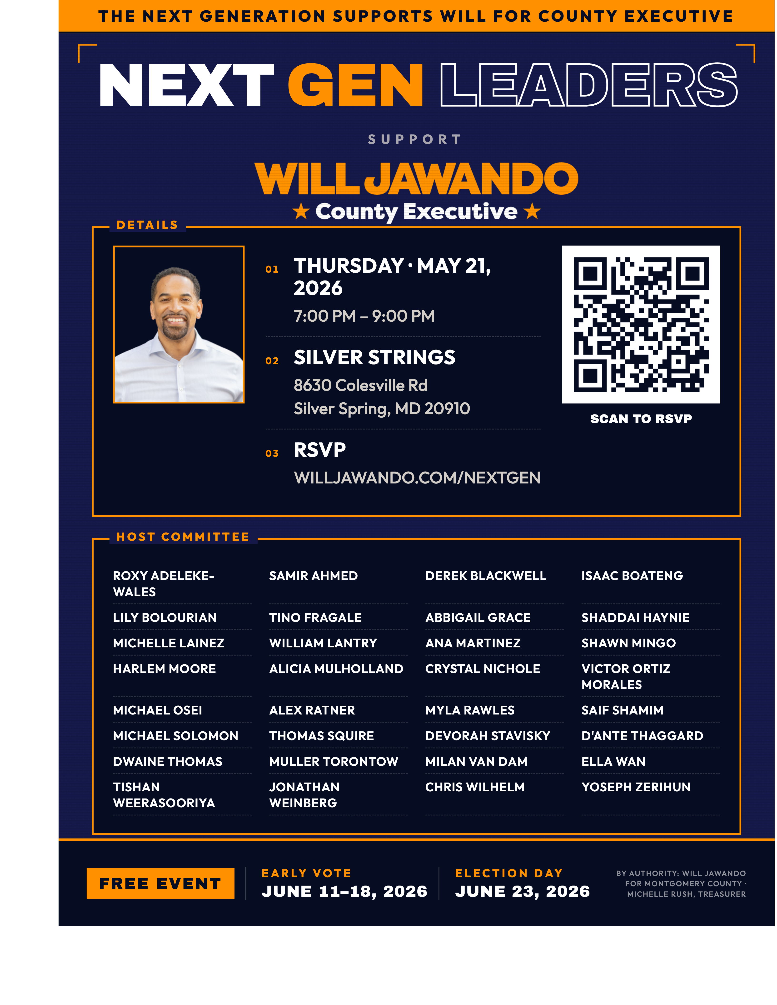 Next Gen Leaders for Will Jawando flyer