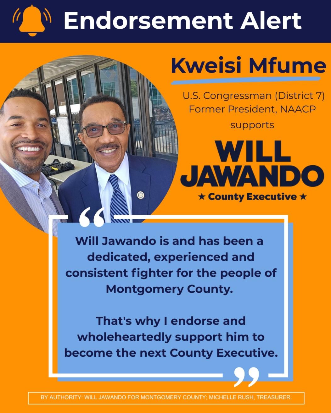 Congressman Kweisi Mfume Endorses Will Jawando for Montgomery County Executive
